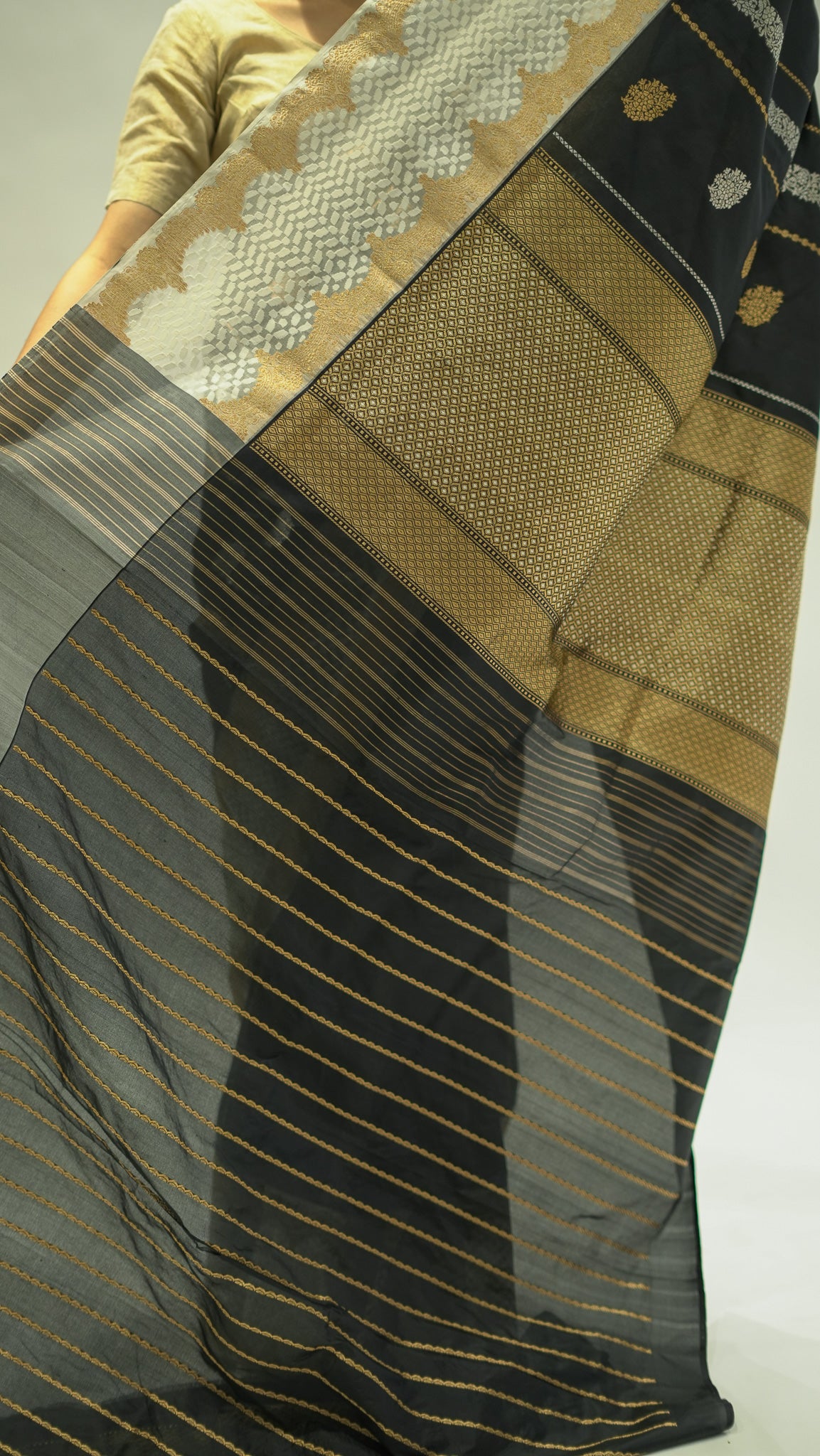 Midnight Stripe Boota Katan Silk Saree