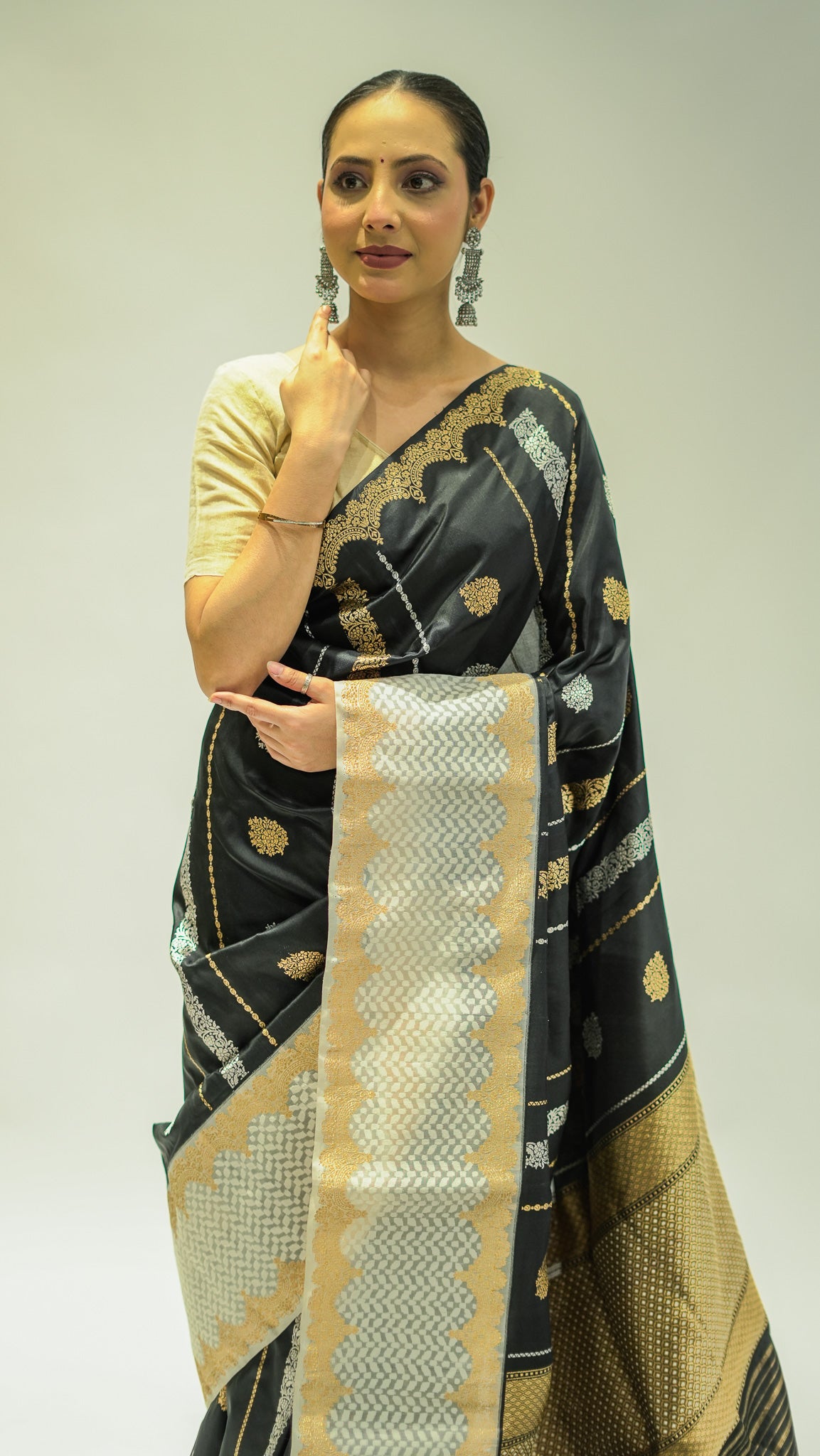Midnight Stripe Boota Katan Silk Saree