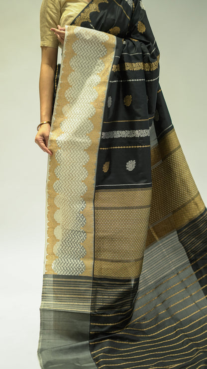 Midnight Stripe Boota Katan Silk Saree