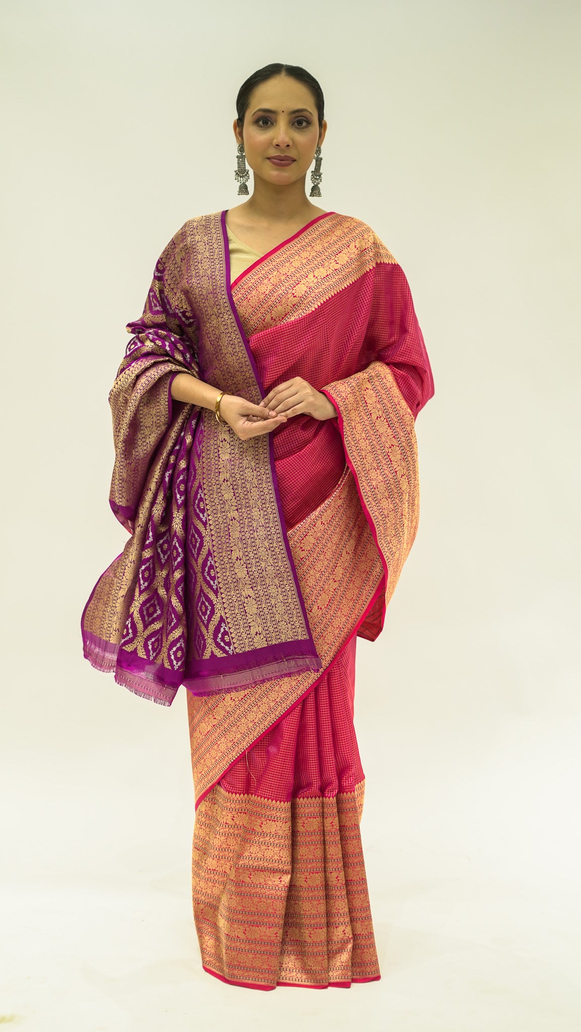 Rani Checkered Contrast Katan Silk Saree