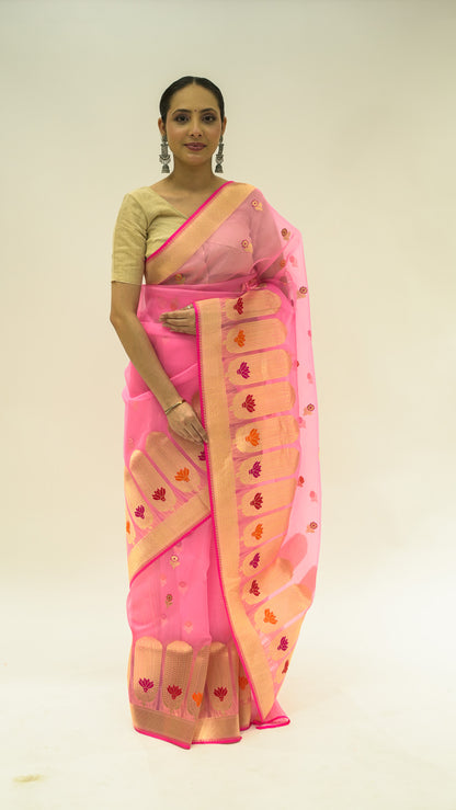 Blush Petal Glow Kora Silk Saree