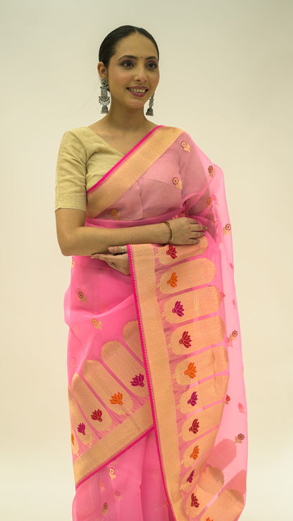 Blush Petal Glow Kora Silk Saree