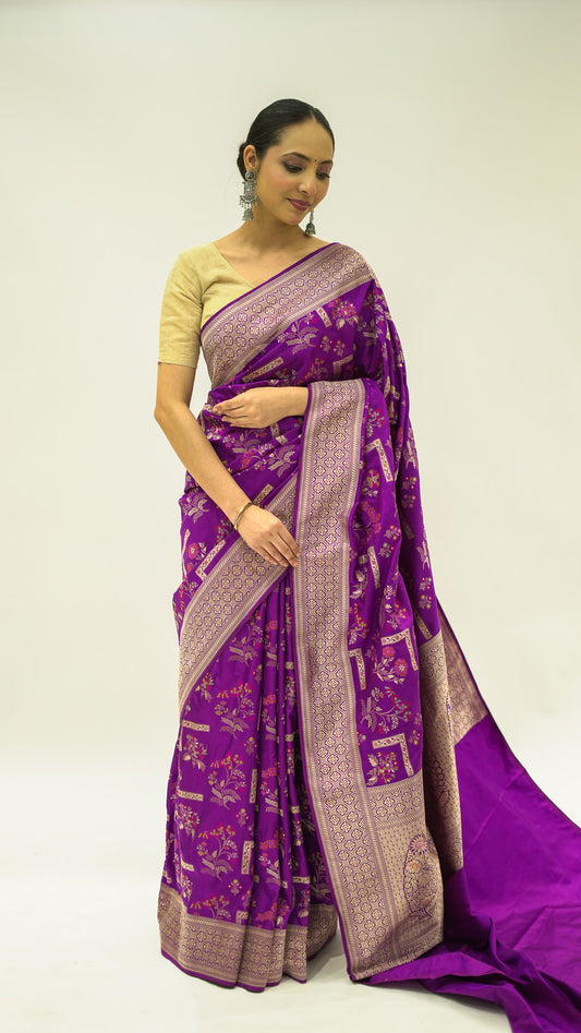 Violet Heritage Bloom Iktara Silk Saree
